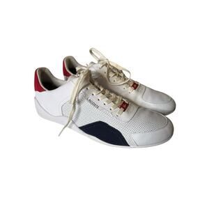 LACOSTE Mens Hapona Leather and Synthetic Tennis Shoes White/Navy/Red Size 9